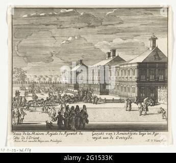 Ansicht des Hauses ter Nieuburch in Rijswijk, 1697; Saison von 't Konincklycke Huys bis Ryswyck Aen de Oostzyde; Serie von sechzehn kleinen Drucken über das Haus Ter Nieuburch in Rijswijk und die Friedensverhandlungen, 1697. Ansicht des Hauses ter Nieubch in Rijswijk, Ostseite. In der Bildunterschrift die beiden Titel auf Französisch und Niederländisch. Der Teil (Druck 3) der Serie von 16 kleineren Drucken über das Haus Ter Nieubch in Rijswijk und die dort im Frieden von Rijswijk abgehaltenen Friedensverhandlungen wurde am 20. September 1697 geschlossen. Stockfoto