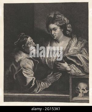 Tizian und seine Geliebte. Kopie zum Selbstporträt von Tizian mit einer jungen Frau. Unten rechts ein Schädel. Das Gemälde von Titian ist verloren gegangen, durch die Radierung von Van Dyck wissen wir, wie das Porträt aussah. Darunter ist eine Widmung an den Händler und Kunstliebhaber Lucas van Uffel und ein italienisches Gedicht zu sehen. Stockfoto