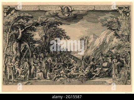 Feier der ersten Jahresfeier der Amsterdamse Schouwburg. Szene aus einem allegorischen Theaterstück "der Gottesmutter", das am 1. August 1618 anlässlich der Feier der ersten Jahresfeier der ersten Amsterdamse Schouwburg, der ersten Fewerduits-Akademie, die 1617 von Samuel Coster gegründet wurde, entstand. In der Mitte sind die Götter zusammen, allegorische Figuren rechts mit Amsterdam. Frauen und die freien Künste im Hintergrund. Über der Performance ein Bienenstock mit der Aufschrift 'yver'; auf beiden Seiten ein Vers von acht Regeln in vier Teilen, gezeichnet mit 'TECUM HABITA', dem Motto von Samuel Coster? Stockfoto