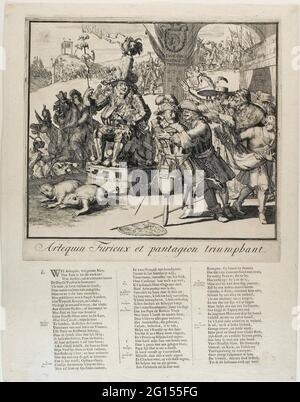 Karikatur zu Ludwig XIV. Und dem Dauphin, 1689; Arlequin Furieux und Pantagion Triumphal; Karikatur zu Jacobus II. Und Ludwig XIV. Und den Ereignissen in den Jahren 1688-1689. Karikatur zu Louis XIV (Harlekijn) und Lodewijk, Dauphin, Frankreich, 1689. Der Dauphin sein Vater Ludwig XIV. Wird auf einem Triumphzug durch Kröten von einem deutschen Soldaten angehalten, um anzuziehen. Rechts der Papst und der Kardinal von Fürstenberg. Auf dem linken Flug der Jesuitenpater Peters (Edward Petre) mit Maria von Modena und dem armen Kind Jacobus Frans Eduard auf einem Esel. Im Hintergrund Jacobus II und Willem III. Unter der Show ein Vers in Stockfoto