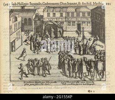 Brügger Mönche auf dem Scheiterhaufen, 1578. Geißelung und Hinrichtung der Franziskanermönche in Brügge wegen Sodomie, 26. Juli 1578. Rechts die Auspeitschung, links die Mönche auf dem Scheiterhaufen. Mit einer lateinischen Beschriftung von 4 Zeilen. Nummeriert: 99. Auf der Rückseite mit lateinischem Text bedruckt. Stockfoto