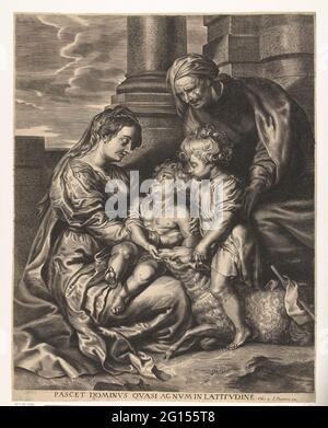 Maria mit Kind und heilige Anna und St. John. Maria sitzt auf dem Boden mit Christkind auf ihrem Schoß und der heiligen Anna und dem heiligen Johannes als Kind mit Lamm, das mit ihnen steht. Unter der Show ist ein Zitat aus dem Bibelbuch Hosea, Vers 4 Stockfoto