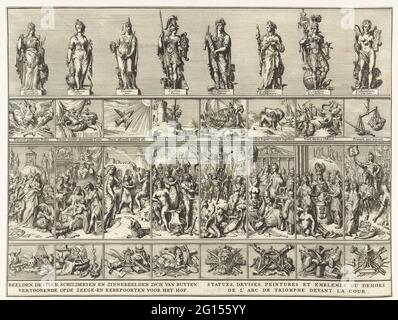 Bilder, Devisen, Embleme und andere Gemälde auf den Triumphbögen für den Buitenhof, 1691; Bilder, Devisis, Gemälde und Symbole von Buyten zeigten Opfer und Aufbewahrungsorte für Hof / Statuen, Geräte, Peintures et Emblemes du dehors de l 'Arc de Triomphe Devant La Cour. Vier Reihen mit acht allegorischen Bildern, Devisen, Emblemen und anderen Gemälden auf den Triumphbögen, die für den Buitenhof vorbereitet wurden, 5. Februar 1691. Allegorische Aufführungen, inspiriert vom Leben und den Handlungen von Stadholder-König Willem und Königin Maria II. Stuart. Stockfoto