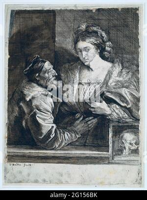 Porträt von Tizian und seiner Maitress. Kopie zum Selbstporträt von Tizian mit einer jungen Frau. Unten rechts ein Schädel. Das Gemälde von Titian ist verloren gegangen, durch die Radierung von Van Dyck wissen wir, wie das Porträt aussah. Stockfoto