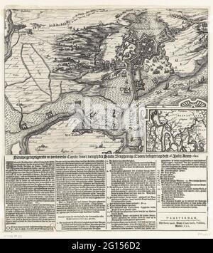 Belagerung von Bergen op Zoom, 1622; Neu korrigiert und verbessert Caerte / Van 't ZieDer Stadt Berghen op Zoom / Besiervert op den 18. Julij/Anno 1622. Gescheiterte Belagerung von Bergen op Zoom durch die spanische Armee unter Spinola und Velasco, Juli 18 - Oktober 3 1622. Plan der Stadt und Umgebung mit Wasserstraßen. Unten rechts einer Kartusche mit dem größeren Gebiet in Brabant und Flandern. Unter der Darstellung, ein Text in 4 Spalten mit einer Beschreibung der Belagerungszustand und der Legende 1-26 auf Niederländisch. Stockfoto