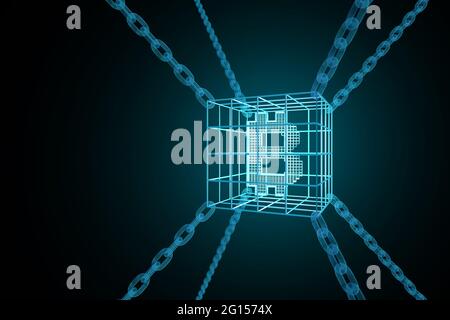 Bitcoin-Zeichen in Ketten eingeschlossen. Blockchain-Konzept. 3d-Illustration. Stockfoto