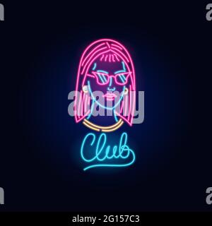 Neon Girl in Brille. Modeschild. Nachtlicht Schild, leuchtendes Banner. Sommeremblem. Club Bar Logo auf dunklem Hintergrund. Partyfrau. Stock Vektor