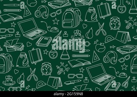 Back to School Doodle Skizze Kreidetafel nahtloses Muster. Lernen Schule Linie Textil. Erster Tag der Schulausrüstung, Education Concept Icon. Chemie, Skizzenbuch, Brille, Büroscheren Stock Vektor