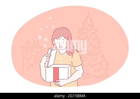 Weihnachtsgeschenk, Geschenk, Feier des neuen Jahres und Winterferien Konzept. Kleine Mädchen Cartoon Figur stehend Gefühl überrascht Eröffnung Box mit Urlaub Weihnachten Geschenk Box mit rotem Band Stock Vektor