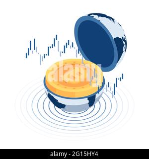 Flaches, isometrisches 3D-Bitcoin im Weltglobus mit Candlestick-Diagramm an der Börse. Kryptowährung und Blockchain-Konzept. Stock Vektor