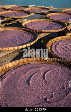 Garnelenpastentrocknung in Rattan-Schalen, Tao O, Lantau Island, Hongkong Stockfoto