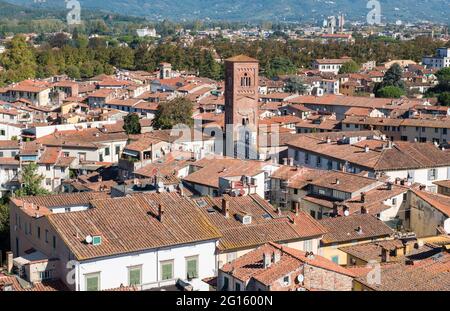 Stadtbild mit Dächern von Lucca Stadt vom Torre Ginigi Turm. Toskana Mittelitalien Stockfoto