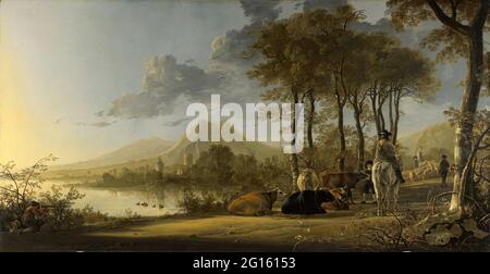 Aelbert Cuyp - Flusslandschaft mit Reiter und Bauern Stockfoto