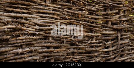 Weidenzaun aus rustikalem Holz aus Espen und Weidenstäben. Nahaufnahme. Textur, Hintergrund. Organisch gewebte Weidenzaunplatte für Bastelarbeiten geeignet Stockfoto