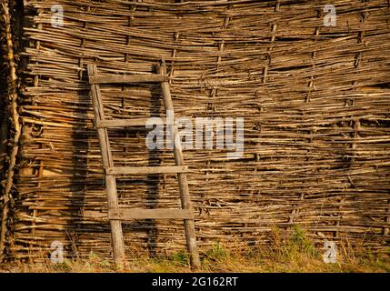 Weidenzaun und Holzleiter. Abstrakte Hintergrundtextur. Wattle gilt seit langem als Symbol für Komfort und maßvollen ländlichen Lebens. Stockfoto