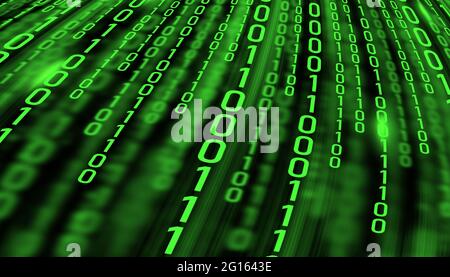 LED-Licht Text Nummer eins und Null. Binärcode auf dem Bildschirm des Monitors. Technologie Grafik Design Hintergrund Stockfoto