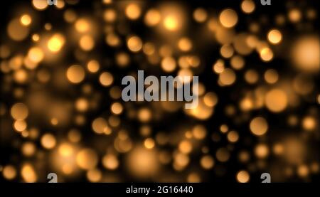 Verdunkelte gelbe Lichter auf dunklem Hintergrund. Helle Flecken. Abstrakter Bokeh-Hintergrund Stockfoto