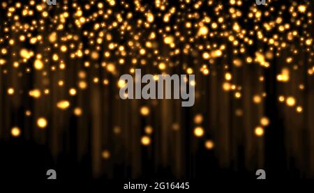 Verdunkelte gelbe Lichter auf dunklem Hintergrund. Helle Flecken. Abstrakter Bokeh-Hintergrund Stockfoto