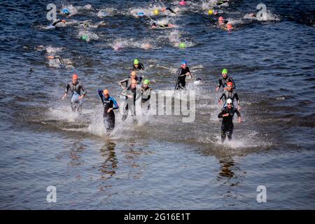 Berlin, Deutschland. Juni 2021. Triathlon: Deutsche Meisterschaft, Wannsee lido, Sprintdistanz, Elite-Frauen: Triathleten kommen aus dem Wannsee. Quelle: Christoph Soeder/dpa/Alamy Live News Stockfoto