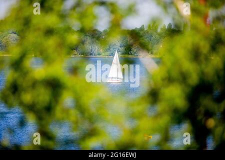 Berlin, Deutschland. Juni 2021. Ein Segelboot segelt auf dem Wannsee. Quelle: Christoph Soeder/dpa/Alamy Live News Stockfoto