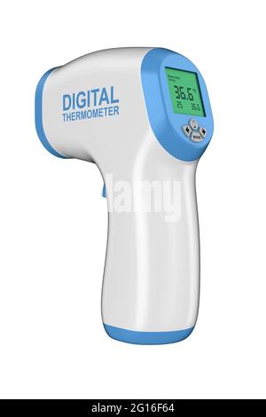 Digitales berührungsloses Infrarot-Thermometer auf weißem Hintergrund. Isolierte 3D-Darstellung Stockfoto