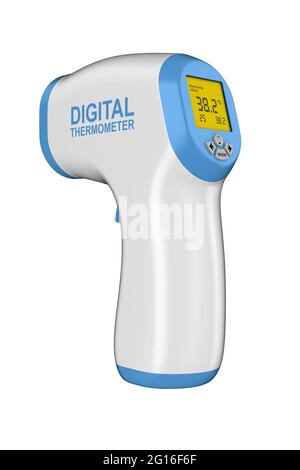 Digitales berührungsloses Infrarot-Thermometer auf weißem Hintergrund. Isolierte 3D-Darstellung Stockfoto