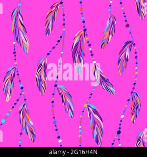 Bunte exotische tropische Vogelfedern, Boho Fäden und Perlen nahtlose Vektor-Muster. Verschiedene mehrfarbige Federn Vektor-Illustration, Boho-Stil. Stock Vektor