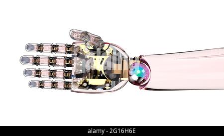 3d-Rendering Roboter Handfläche offen mit glasig rote Haut isoliert auf weiß Stockfoto