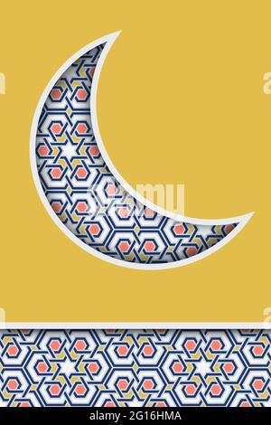 Muslimische Feiertage Grußkarte Vorlage. Halbmondhalbmond mit traditionellen arabischen islam Kunst marokkanischen Muster. Vektorgrafik. Ramadan Kareem, Eid Stock Vektor
