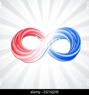 Buntes 3d-Unendlichkeits-Symbol auf weißem, grauem Hintergrund. Abstrakter mathematischer Hintergrund. Rotes und blaues Unendlichsymbol. Vektorgrafik. Stock Vektor