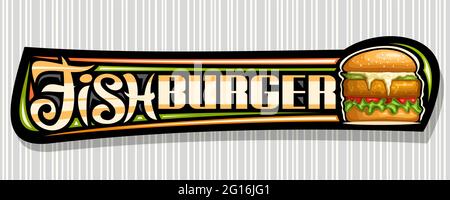 Vektor-Banner für Fish Burger, horizontale Tafel mit Illustration von Burger mit gegrilltem Steak und Gemüse in Sesambrötchen, dekorativer Gutschein w Stock Vektor