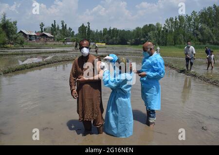 Kaschmir, Indien. Juni 2021. Ein Gesundheitsmitarbeiter impft einem Landwirt die Dosis des COVID19-Impfstoffs auf besondere Weise zur Impfung von Landwirten ein. Kredit: Majority World CIC/Alamy Live Nachrichten Stockfoto