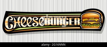 Vektor-Banner für Cheese Burger, horizontale Tafel mit Abbildung von Burger mit gegrilltem Rindersteak und Gemüse im Brötchen, dekorativer Gutschein w Stock Vektor