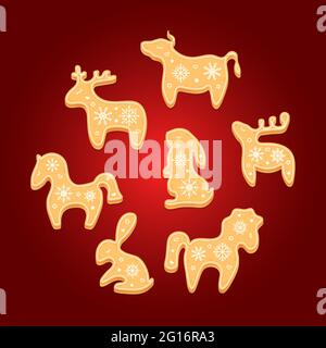 Set Lebkuchenkekse. Dekorative Weihnachtskekse. Vektorgrafik. Stock Vektor