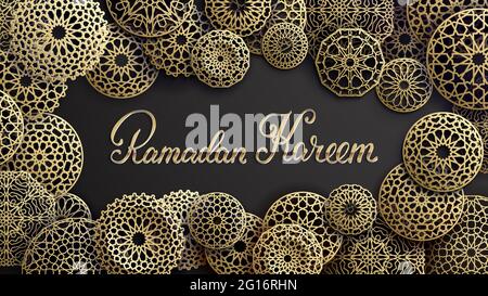 Ramadan Kareem Gold Schriftzug. Islamisches Rundmuster im arabischen Stil auf schwarzem Hintergrund. Vektorgrafik. Stock Vektor