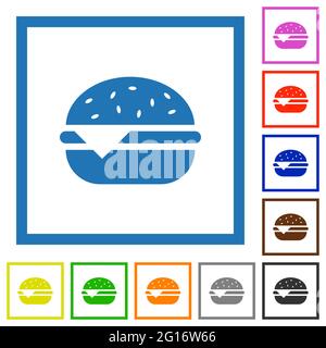 Flache Farbsymbole mit einem Cheeseburger in quadratischen Rahmen auf weißem Hintergrund Stock Vektor