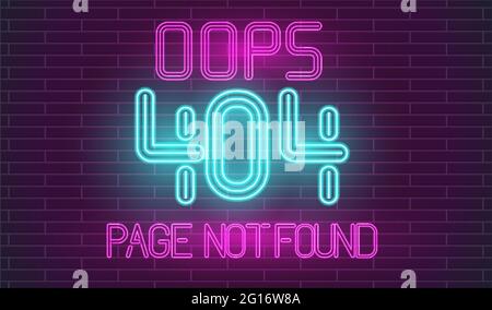 Abgestürzte Website Retro Neon. Seite nicht gefunden Neon Buchstaben auf Ziegelwand. 404 Fehlerseite im Retro-Stil. Stock Vektor