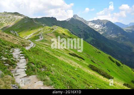 Der Weg vom Berg Kasprov führt entlang der polnisch-slowakischen Grenze. Hohe Tatra, Polen. Stockfoto