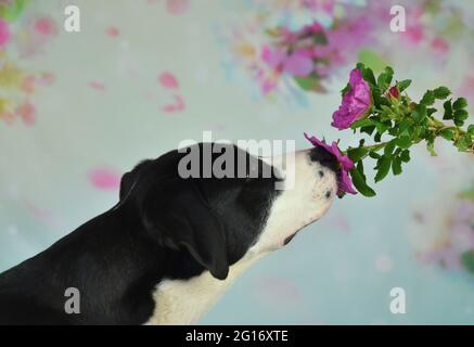 Labrador schnüffelt eine wilde Rose Stockfoto