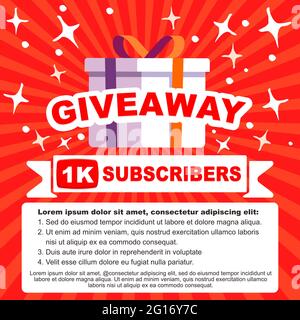 Giveaway 1K (1000) Video vlog subcribers. Geschenk-Box über Text. Template-Design für Social-Media-Post oder Website-Banner. Klare Illustration mit modern Stock Vektor