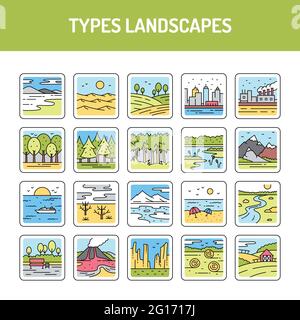Typen Landschaften Liniensymbole festgelegt. Isoliertes Vektorelement. Skizzieren Sie Piktogramme für Webseite, mobile App, Werbung. Bearbeitbare Kontur. Stock Vektor