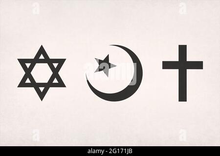 Die abrahamischen Symbole (Judentum, Islam und Christentum) auf Papier gedruckt. Stockfoto