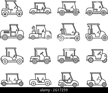 Elektrische Golfwagen Symbole gesetzt, skizzieren Stil Stock Vektor