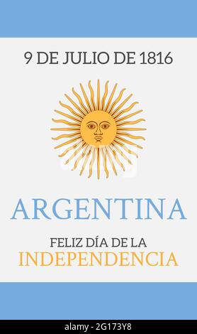 Argentinien Unabhängigkeitstag Grußkarte Vorlage und Text auf Spanisch Feliz Dia de la Independencia. Übersetzung: Argentinien Glücklicher Tag der Unabhängigkeit Stock Vektor