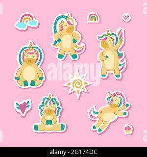 Niedliche Einhorn-Aufkleber. Sammlung von Abzeichen mit lustigen Tieren auf rosa Hintergrund. Süßes Mädchendesign. Vektorgrafik. Stock Vektor