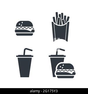 Set von leckeren Fast Food, Pommes Frites, Getränke und Burger einfach schwarz Symbol auf weiß Stock Vektor
