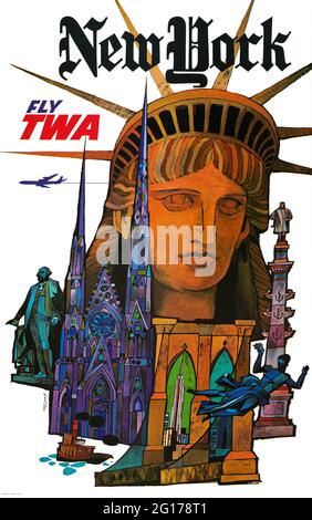 New York. Fly TWA von David Klein (1918-2005). Restauriertes Vintage-Poster, das 1970 in den USA veröffentlicht wurde. Stockfoto