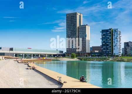 Wien, Wien: 84 m hoher hölzerner Wolkenkratzer HoHo Holzhochhaus, höchster hölzerner Wolkenkratzer der Welt, im neuen Stadtteil Seestadt Aspern, Teich Asperner SE Stockfoto