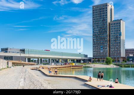 Wien, Wien: 84 m hoher hölzerner Wolkenkratzer HoHo Holzhochhaus, höchster hölzerner Wolkenkratzer der Welt, im neuen Stadtteil Seestadt Aspern, Teich Asperner SE Stockfoto