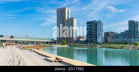 Wien, Wien: 84 m hoher hölzerner Wolkenkratzer HoHo Holzhochhaus, höchster hölzerner Wolkenkratzer der Welt, im neuen Stadtteil Seestadt Aspern, Teich Asperner SE Stockfoto